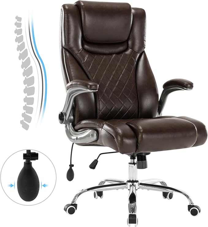Executive Office Chair Desk Swivel Chair High Back Computer Chair - Adjustable Lumbar Support with Flip-Up Arms PU Leather Chair with Spring Cushion (Brown)