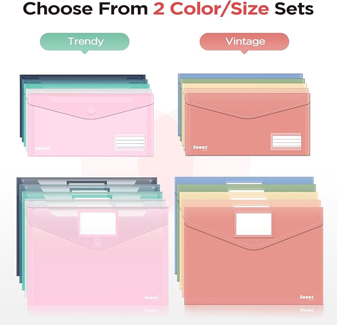 Sooez 20Pack Plastic Envelopes, Plastic File Folder, Folders for Documents Vintage Colors, Super Heavyweight Plastic Document Holder, Storage Pouches, File Envelopes for School Office Supplies