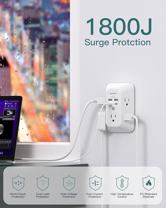 Outlet Extender Surge Protector - Addtam 5-Outlet Splitter with 4 USB Wall Charger(PD 20W), Multi Plug Wall Outlet Power Strip for Home, Dorm Room Essentials