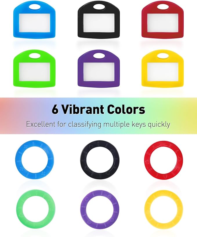 Uniclife 12 Pack Round Key Caps Covers and 12 Pack Key Cap Tags with Blank Paper Labels & Clear Windows Colorful Key Identifiers Protectors for Regular Flat House Keys (Not for Odd-Shaped Keys)