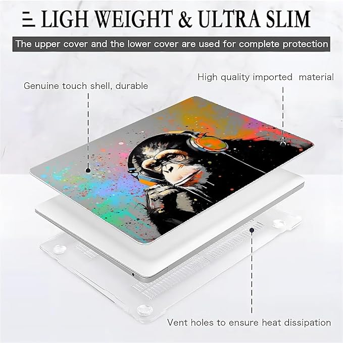 Compatible with MacBook Air 13.6 Inch Case 2024 2023 2022 Release Model A3113 M3 A2681 M2, Music Monkey with Headphone Hard Plastic Shell Cover Case