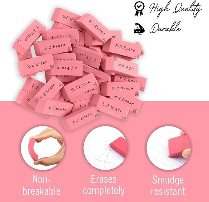 Pink Erasers, 120 Count Rectangular Eraser Bulk Pack, Latex Free Pink Pearl Erasers for School Supplies, Art and Office