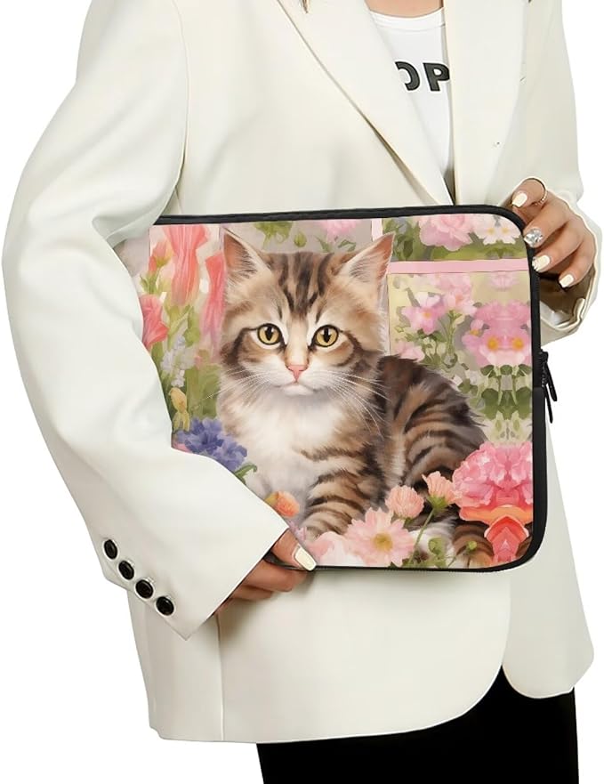 Cat Rose Printed Laptop Bag for Women Men, Lightweight Laptop Briefcase 10 Inch Shockproof Computer Carrying Cover with Zipper, Easy to Carry Laptop Case Bag for Daily Commuting