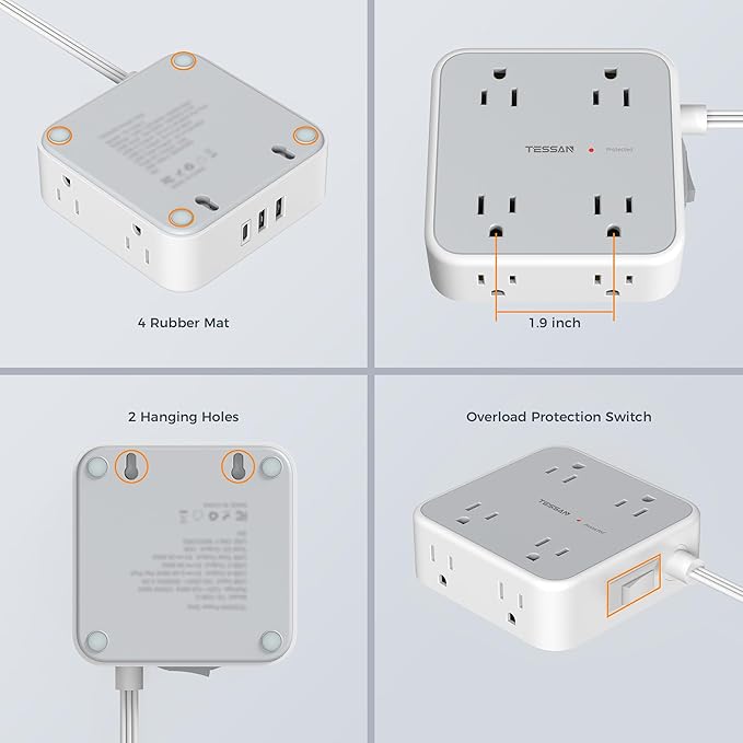 Surge Protector Power Strip Flat Plug, TESSAN Long Extension Cord 10 FT with 8 Outlets, 3 USB Ports(1 USB C), 3-Sided Outlet Extender, 900 Joules Protection, Desk Charging Station for Home, Office