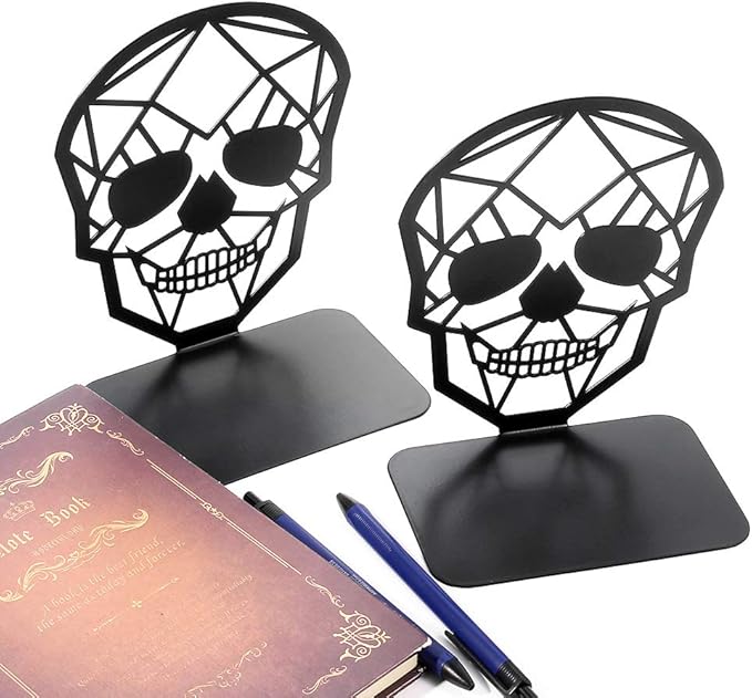 Metal Skull Design Black Bookend - Heavy-Duty Bookends for Shelves, Skull Book Ends for Heavy Books, Book Shelf Holder Home Office Decorative Desktop Organizer (2 Pair)
