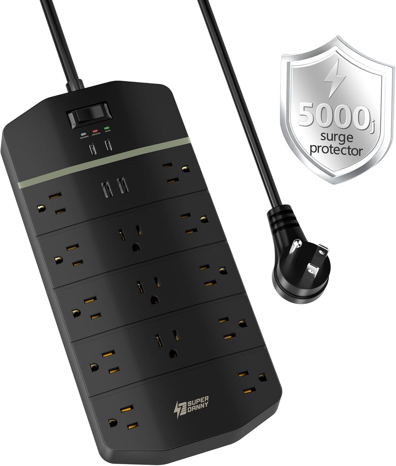 Power Strip,SUPERDANNY 5000 Joules Surge Protector with 13 AC Outlets 2 USB-A & 2 USB-C PD 20W Fast Charging Heavy Duty 14AWG/3C Industrial Grade Extension Cord for Workbench Home Office Black