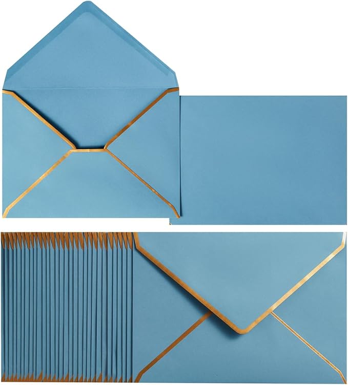 50 Pack A7 Envelopes Dusty-Blue 5 x 7 Self-Adhesive V Flap Envelopes with Gold Border for Office, Greeting Card, Wedding, Graduation, Baby Shower, Parties, Invitations