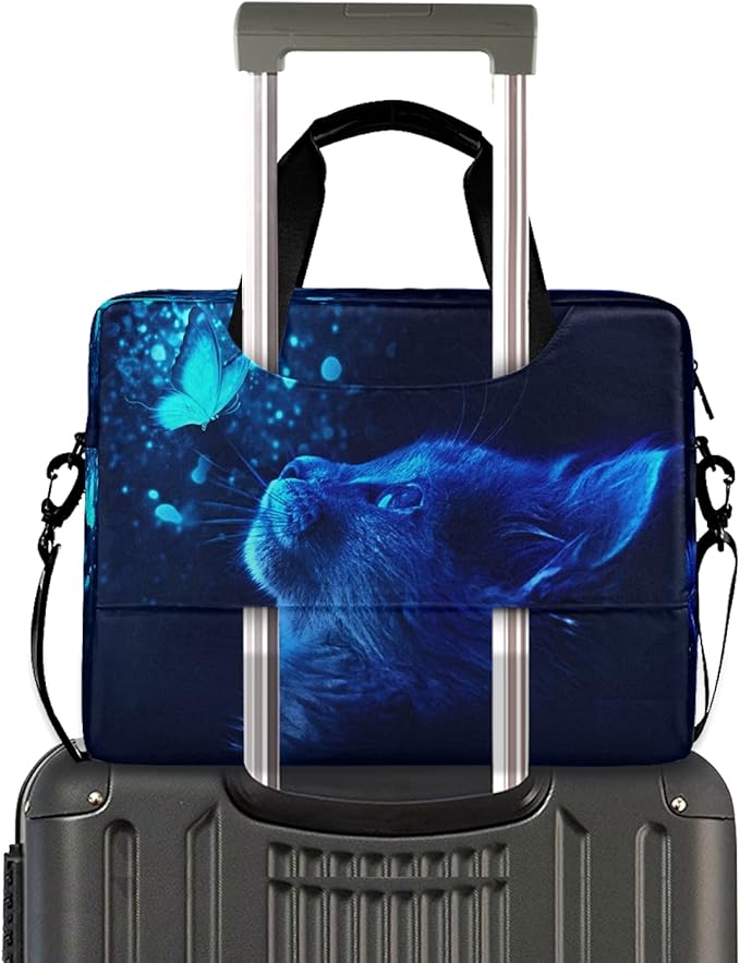 Cat Butterfly Light Blue Laptop Messenger Bag Case Sleeve Briefcase for Men Women