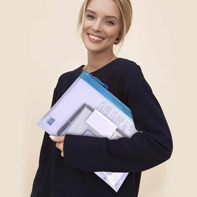 Zipper Pouch, Wisdompro 4 Packs Durable Letter Size Waterproof Mesh File Bag, Document Organizer - Pink/Blue