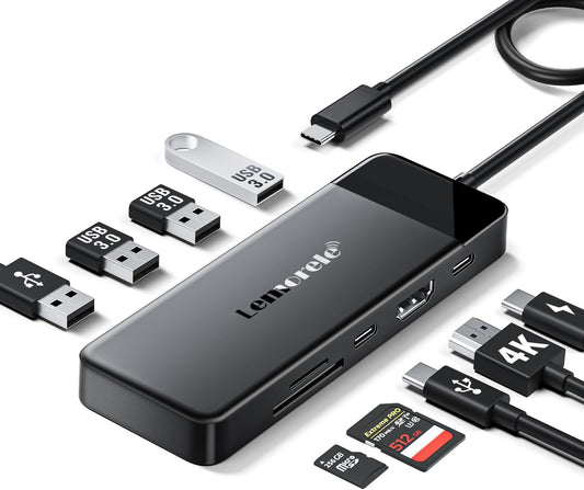 Lemorele 9-in-1 USB C Hub Multiport Adapter, USB C Dongle w/4K HDMI for MacBook Pro Air, 3 USB3.0 5Gbps and 1 USB2.0 Port, Type-C 3.0, 100W PD, SD/TF, Docking Station for Windows/iPad/Dell/HP/Lenovo