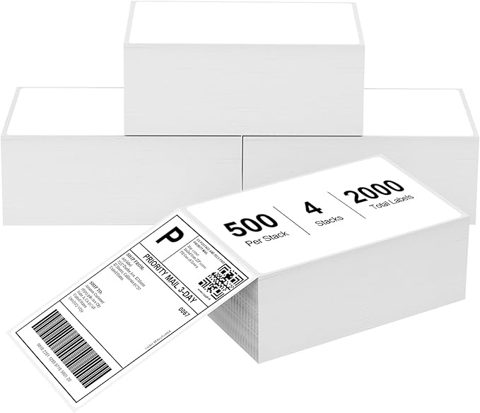 4" x 6" Fanfold Direct Thermal Labels for White Mailing Address Postage Shipping Commercial Grade Compatible with Zebra & Rollo & MUNBYN Label Printer (4 Stacks, 2000 Labels)