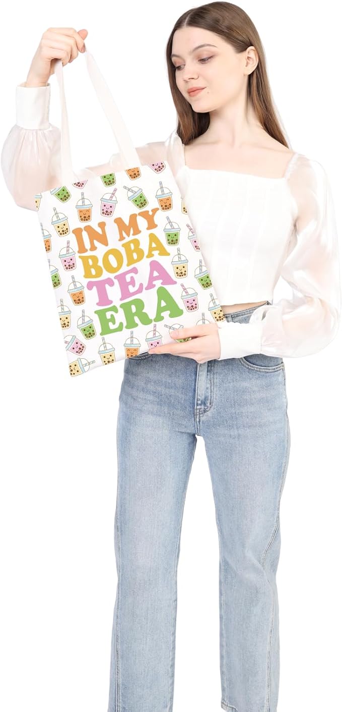 WSNANG Drinks Bubble Tea Gift In My Tea Era Canvas Tote Bag Bubble Tea Shoulder Bag Cute Milk Tea Shopping bag