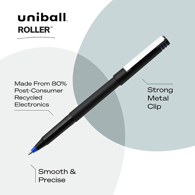 uni Roller Ball Stick Pens, 0.5 mm Micro Tip, Blue, Pack of 12