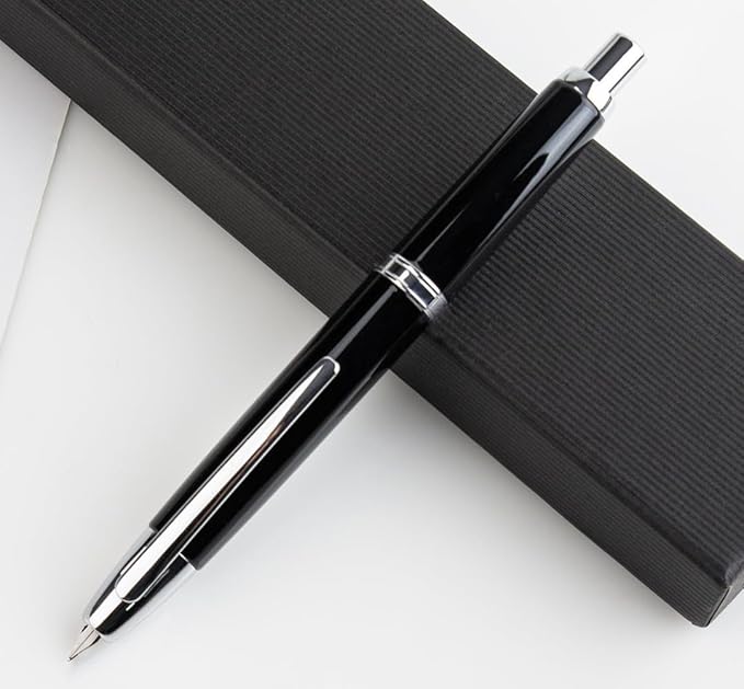 JINHAO 10 Press Fountain Pen, Retractable Metal Pen with Ink Converter (EF Nib 0.38mm, Bright Black)