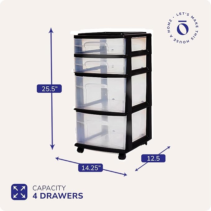 Homz Plastic 4 Clear Drawer Medium Home Organization Storage Container Tower with 2 Large Drawers and 2 Small Drawers, Black Frame (2 Pack)
