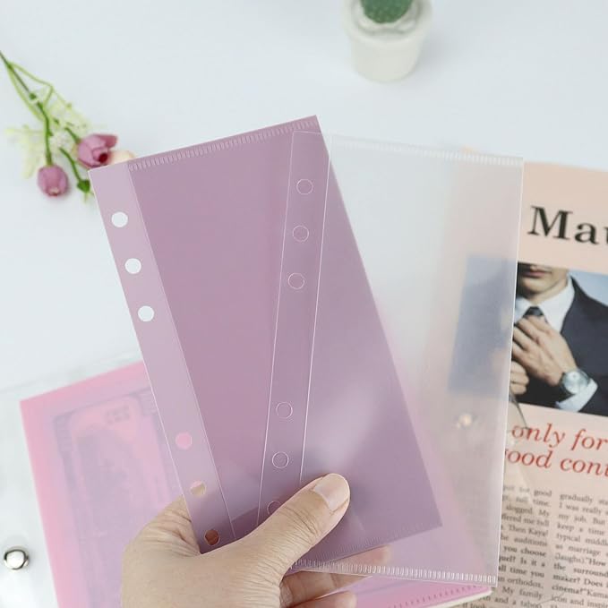 A6 Binder Pockets with No Zipper, Koqye Blue 10 Pcs Plastic Zipless Budget Envelopes, Two Pockets Frosted Cash Envelopes Money Bag for Budgeting, Cash Stuffing (Purple-2set)