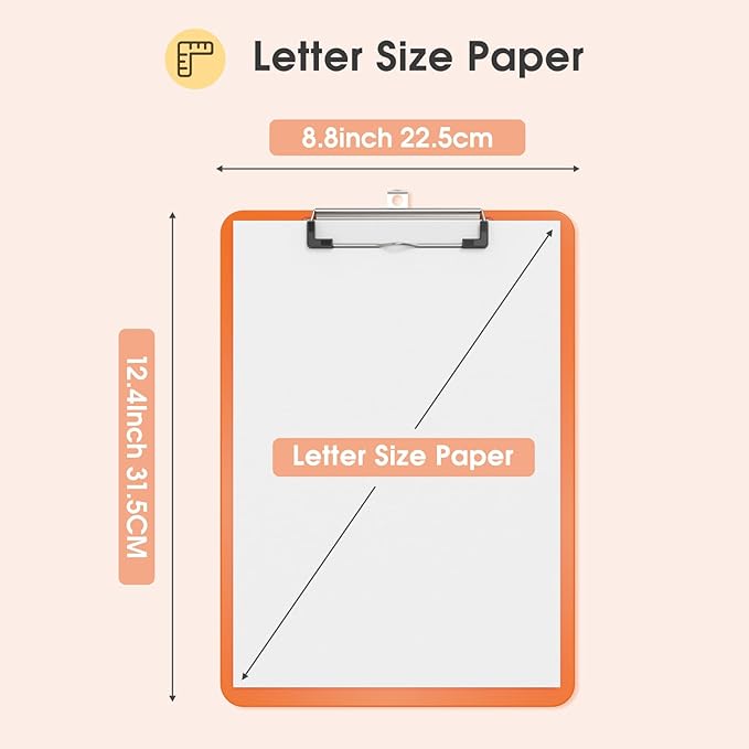 Plastic Clipboards, A4 Orange Clip Board 8.5x11 for Classroom, Students, Kid, Woman, Size 9" x 12.5" with Low Profile Clip, Office & School Supply