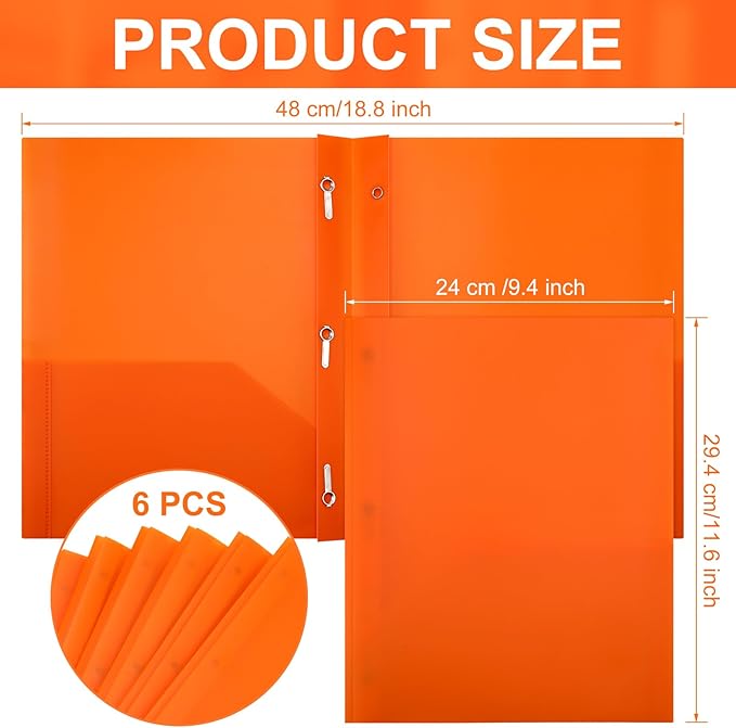 Cholemy 6 Pcs Plastic Pocket Folders with Prong 2 Heavy Duty Pockets Folders with 3 Prongs Letter Size Paper Folders Bulk File Plastic Folders with Fasteners for Office Workers (Orange)