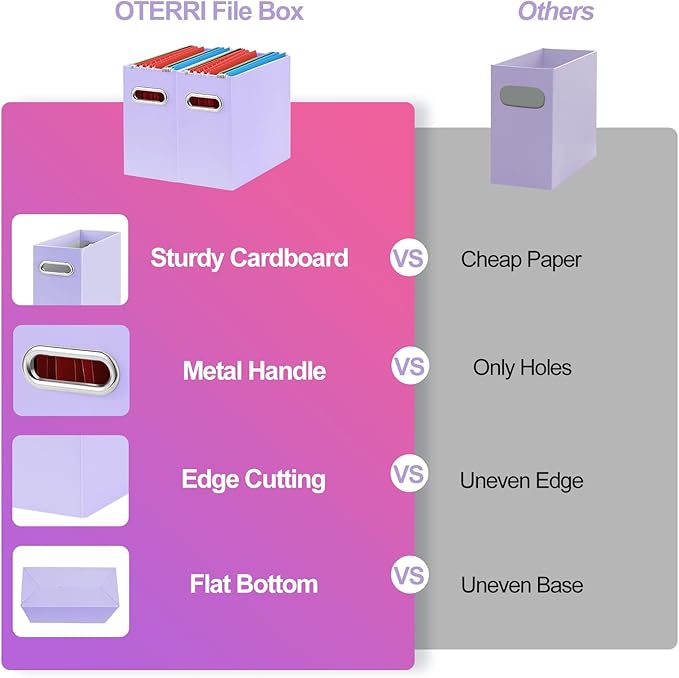 Oterri File Organizer, Small Storage Box, Cardboard File Folder Organizer, Collapsible File Box, Hanging File Organizer for Letter Size, Portable File Box with Handle, Only Box (Purple,6 Packs)