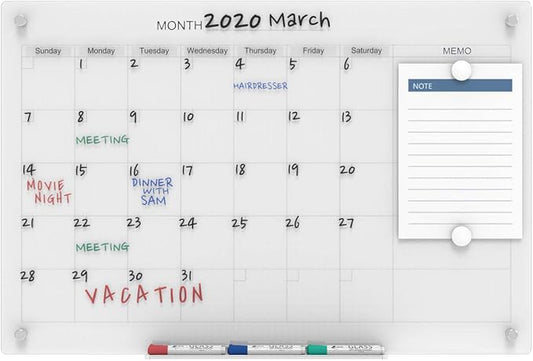 Audio-Visual Direct Magnetic Glass Dry Erase Board Set (4' x 3', Calendar Ultra White) for Wall - Monthly Planner