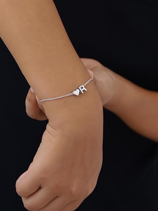 Silvora 925 Sterling Silver Dainty Initial Bracelet with Heart - 6.3" + 2" Adjustable Personalized 26 Letter Bracelet Jewelry Heart Bracelet for Women