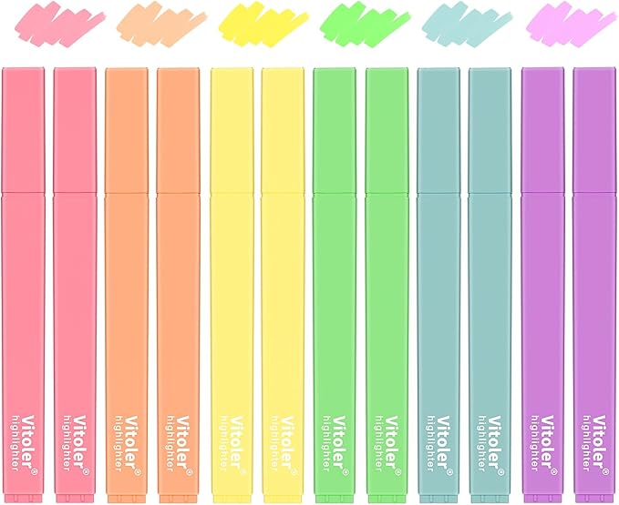 Vitoler Highlighters Assorted Colors,12 Pack Chisel Tip Highlighter Pens,No Bleed Highlighters for School Office Supplies