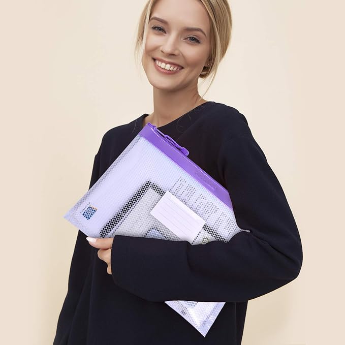 Zipper Pouch, Wisdompro 4 Packs Durable Letter Size Waterproof Mesh File Bag, Document Organizer - Purple
