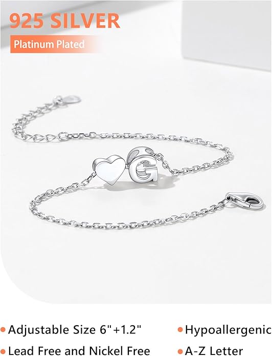Silvora 925 Sterling Silver Dainty Initial Bracelet with Heart - 6.3" + 2" Adjustable Personalized 26 Letter Bracelet Jewelry Heart Bracelet for Women
