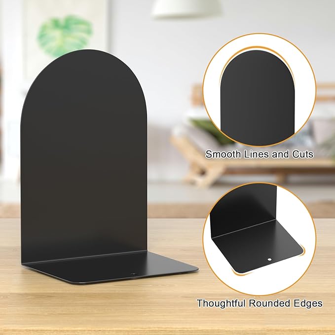 Bookends 3 Pairs, Metal Round Book Ends, Bookends for Shelves, Book Ends for Desk, Book End to Hold Books, Book Stopper, Black Bookend for Home Office