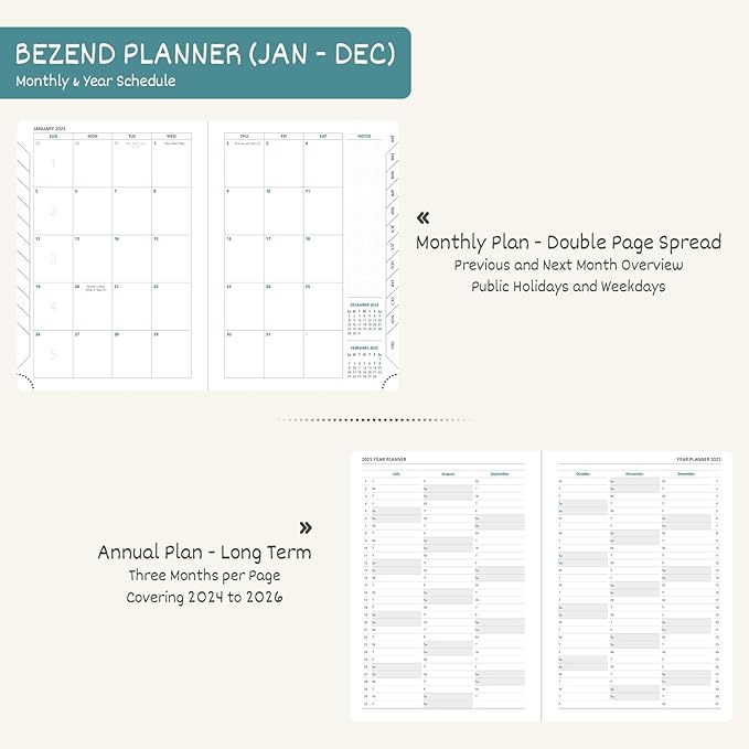 BEZEND 2025 Planner Daily Weekly & Monthly 5.8" x 8.5" (Jan - Dec 2025) Agenda 2025 Vertical Calendar Book with Hourly Schedule, Monthly Tabs, Pen Holder, Vegan Leather Hard Cover - Turquoise