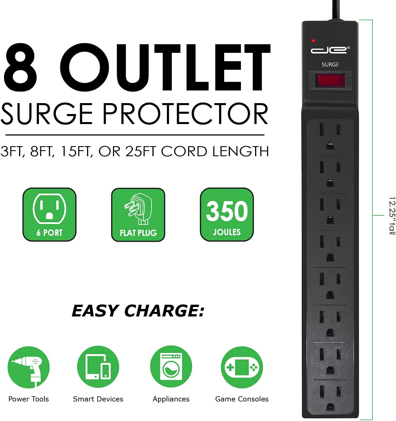 Digital Energy 15 FT 8 Outlet Surge Protector Power Strip - 15 AMP, 1875 W, 125 V, 350 J Surge Protection, ETL Listed - Flat Plug, Black