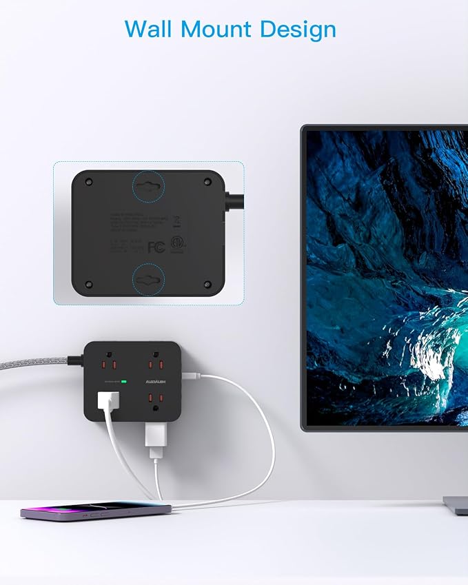 Long Extension Cord 15 ft, Surge Protector Power Strip 15 Feet with 4 Outlets 4 USB Ports (2 USB C), 3 Prong Desk Charging Station, Wall Mount for Indoor Essentials