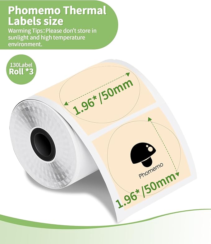 3 Roll Circle Thermal Labels Compatible with Phomemo M110/M221/M220/M120/M200/M110S Label Printers, 1.96"（50mm）,Round Thermal Paper for Design Logo/Gift/Business,140Labels/Roll,Blue/Pink/Khaki