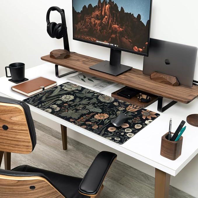 Black Aesthetic Vintage Desk Mat Dark Flower Plants Mouse Pad Wildflowers Large Gaming Mousepad Desk Pad XXL Keyboard Mouse Mat Full Desktop Mat Women Desk Cover Mat for Work Office Home 31.5x15.8 in