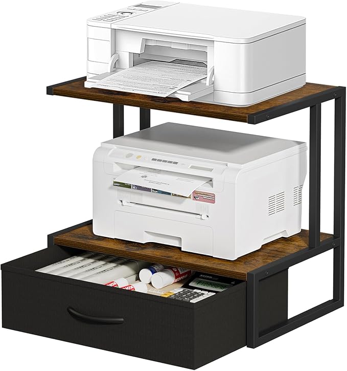 Printer Stand with Storage for Desk, with Fabric Drawer Desktop Printer Stand Shelf Organzier for Home Office, for Above and Under Desk Printer Table, Fax Machine Copier Scanner, Rustic Brown
