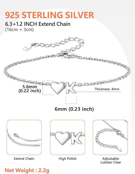 Silvora 925 Sterling Silver Dainty Initial Bracelet with Heart - 6.3" + 2" Adjustable Personalized 26 Letter Bracelet Jewelry Heart Bracelet for Women
