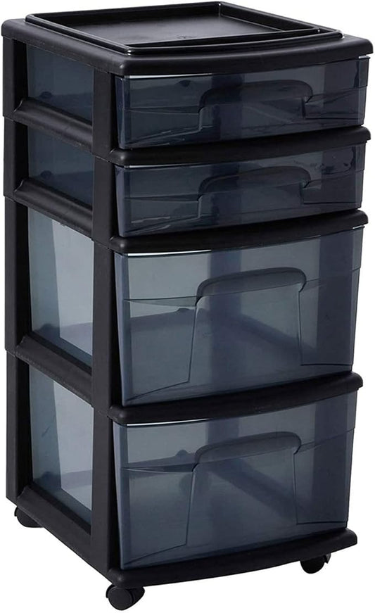 HOMZ 4-Drawer Plastic Storage Cart, Home & Office Rolling Organizer, Black-Clear