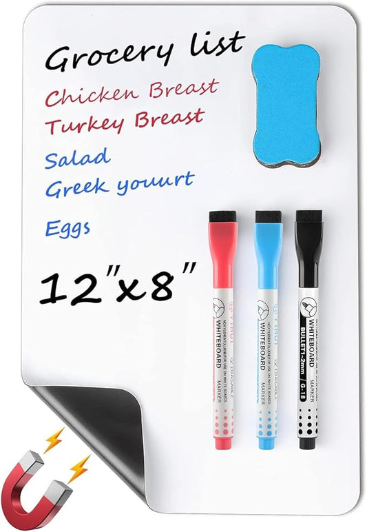 MaxGear Small Magnetic Dry Erase Board Sheet for Refrigerator, Fridge Whiteboard for Kitchen, 12" x 8" White Board Organizer and Planner with Stain Resistant Technology, Include 1 Eraser, 3 Markers