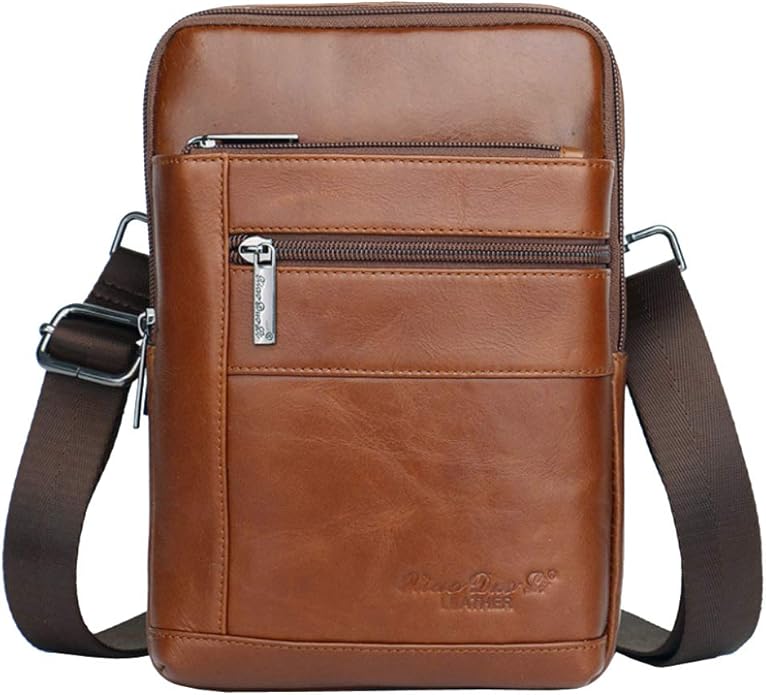 Hebetag Small Leather Sling Shoulder Bag Messenger Pack for Men Women Outdoor Travel Business