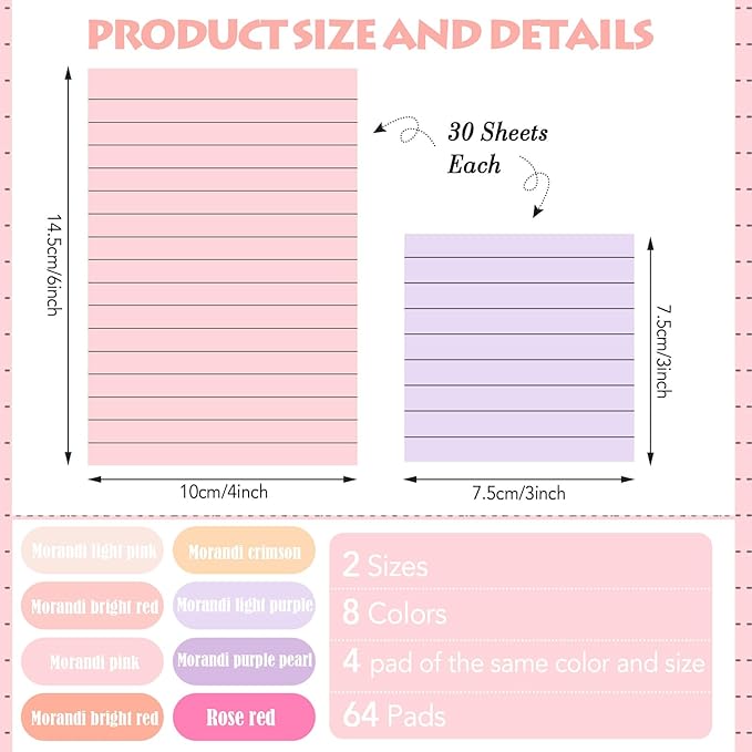 Yexiya 64 Pcs Lined Sticky Notes Self Stick Notes with Lines Bright Assorted Colors Sticky Notes for Home Office Products Post Memos, 1920 Sheets(4 x 6 Inch, 3 x 3 Inch,Fashion Color)