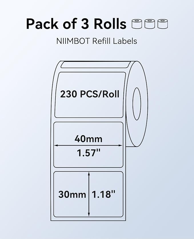 NIIMBOT 3 Rolls White Labels for B1 B21 B3S K3 Label Maker, 1.57'' x 1.18'' (40x30mm) Printer Labels, Food Labels for Jars, Personalized Editable Labels for Home/School/Office