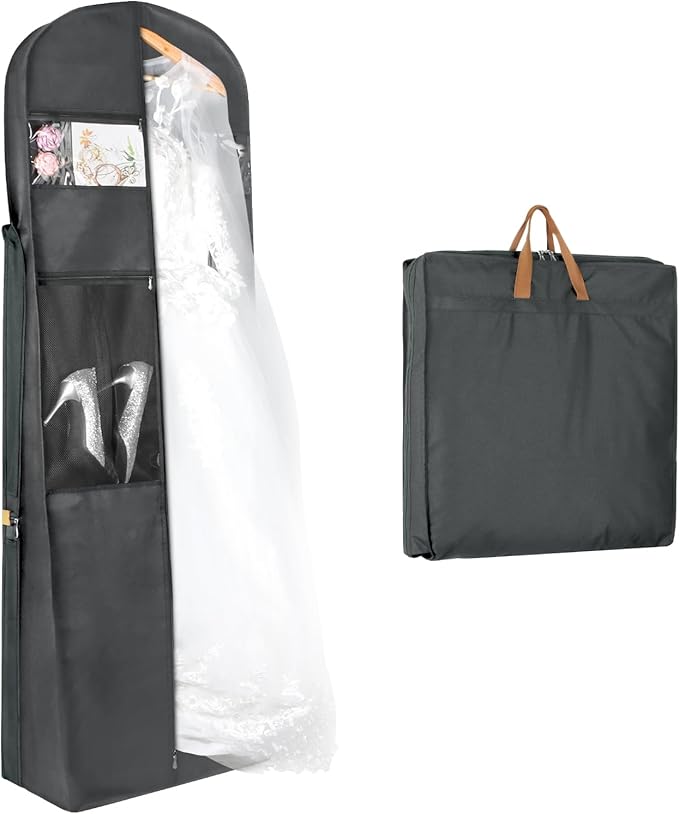 Zilink 72" Wedding Dress Garment Bag Dress Bags for Gowns Bridal Garment Bag for Dresses Long with 12”Gusseted and Accessory Pockets for Wedding Dress, Puffy Gowns [Upgraded Version], Grey