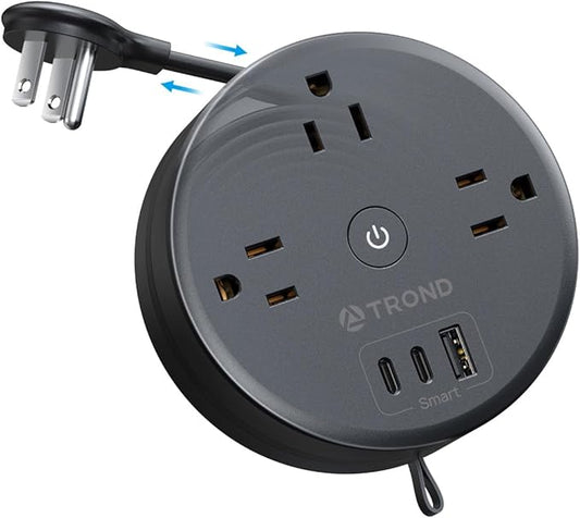 TROND Retractable Extension Cord Power Strip - Travel Power Strip with 3 AC Outlets 3 USB Ports (2 USB C), Ultra Thin Flat Plug 5ft, Cruise Ship Essentials, for Home Hotel Dorm Room, Black
