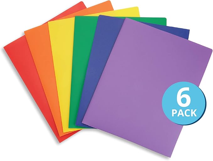 Blue Summit Multicolor Plastic Two Pocket Folders, 6 Plastic Folders with 2 Pockets and Business Card Slot, 2 Pocket Plastic Folders for School, Home, and Work, 6 Pack Plastic Folders