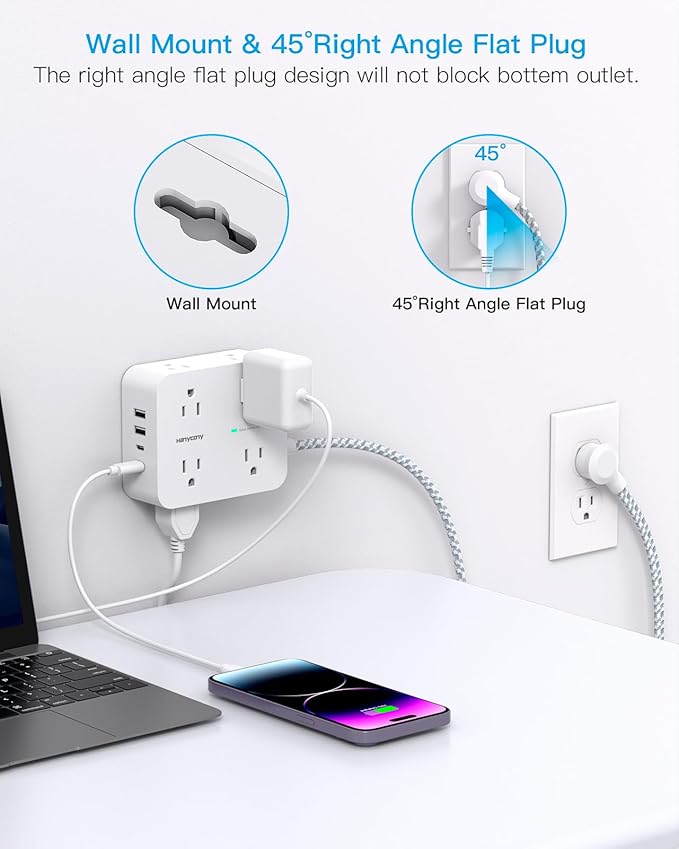 Surge Protector Power Strip 15 Ft Long Cord, Extension Cord 15 Feet with 8 Outlets 4 USB Ports(2 USB C), Flat Plug, Desk Charging Station for Home Office College Dorm Room Essentials