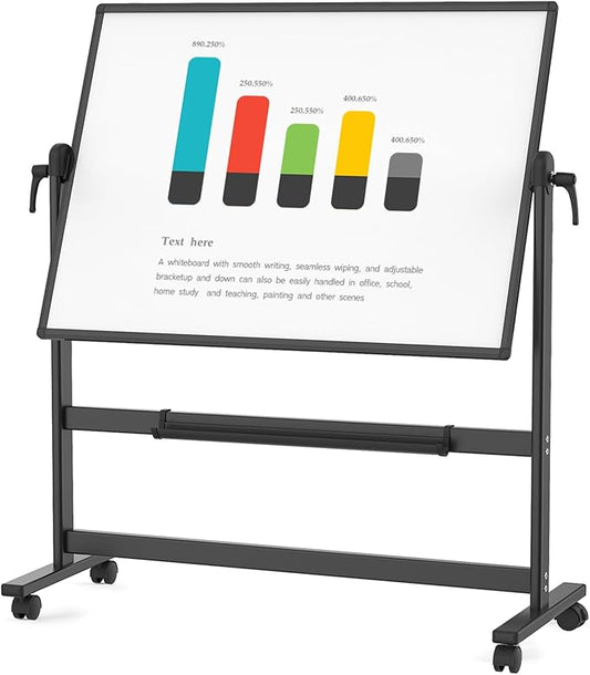 VIZ-PRO Double-Sided Magnetic Mobile Whiteboard, 72 x 40 Inches, Black Aluminium Frame and Stand