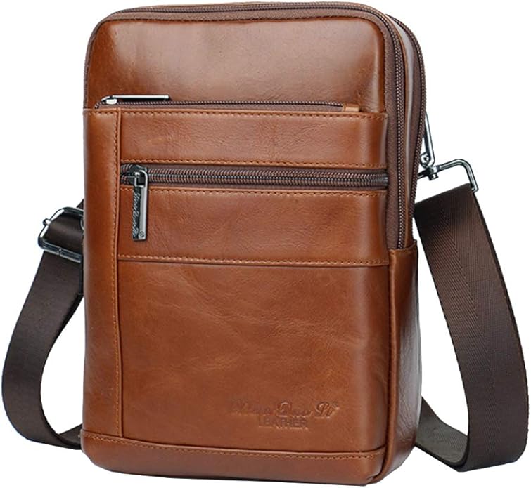 Hebetag Small Leather Sling Shoulder Bag Messenger Pack for Men Women Outdoor Travel Business
