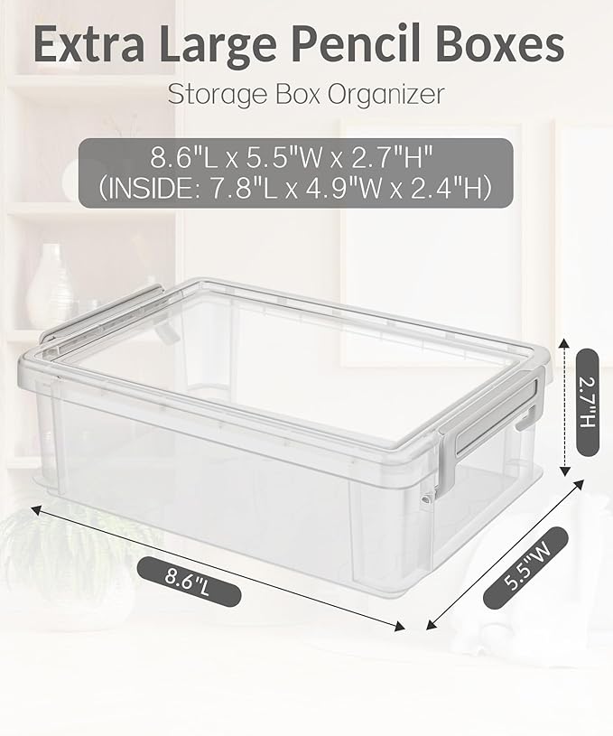 Sooez 6 Pack Extra Large Pencil Box, Plastic Pencil Case Crayon Box Bulk, Clear Marker Organizer Plastic Containers with Lid, Stackable Storage Box for Craft, Pen, Art, School Supply, Purple