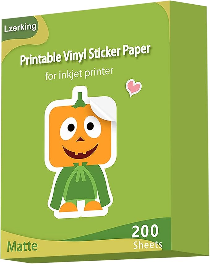 Lzerking Premium Printable Vinyl for Inkjet Printer Sticker Papers 200 Matte 8.5’’x11’’ Waterproof White Lables Decal Paper for Cricut