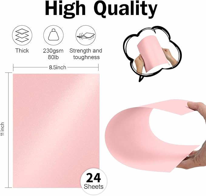 24 Sheets Pink Shimmer Cardstock 8.5 x 11 Iridescent Paper, Goefun 80lb Card Stock Printer Paper for Invitations, Valentines Day, Crafts, DIY Cards
